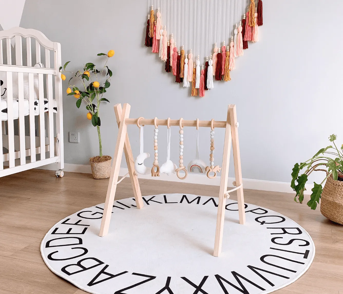 Taylorson Wooden Baby Play Gym with Six Hanging Toys