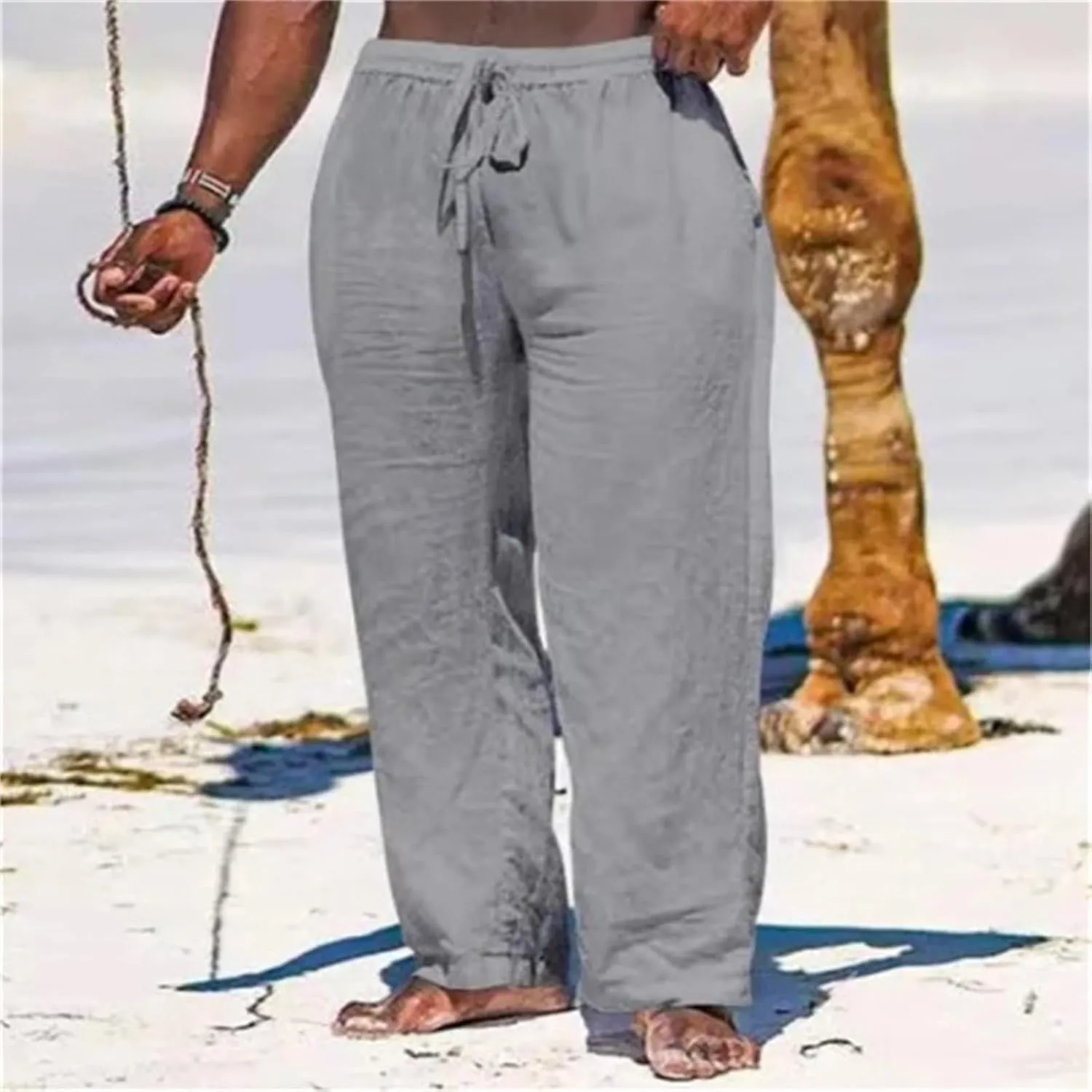 Thatrich Casual Beach Pants for Men Lightweight Breathable Linen Yoga Trousers Relaxed Fit Comfy Hawaiian Vacation Pant Slack