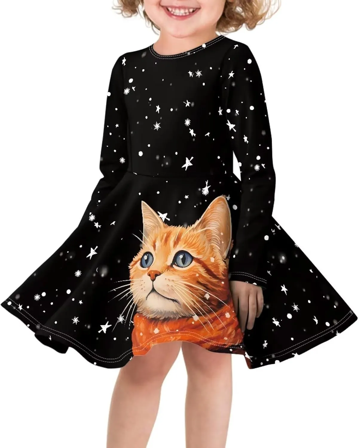 TODIYADDU Girl Dresses Skater Dress for Little Girls Trendy Midi Dresses with Long Sleeves Twirly A-Line Toddler Girl Clothes