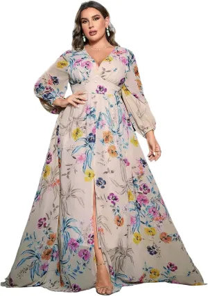 TOLEEN Women's Plus Size Dress V Neck Rose Embroidery Mesh Elegant Formal Maxi Dresses