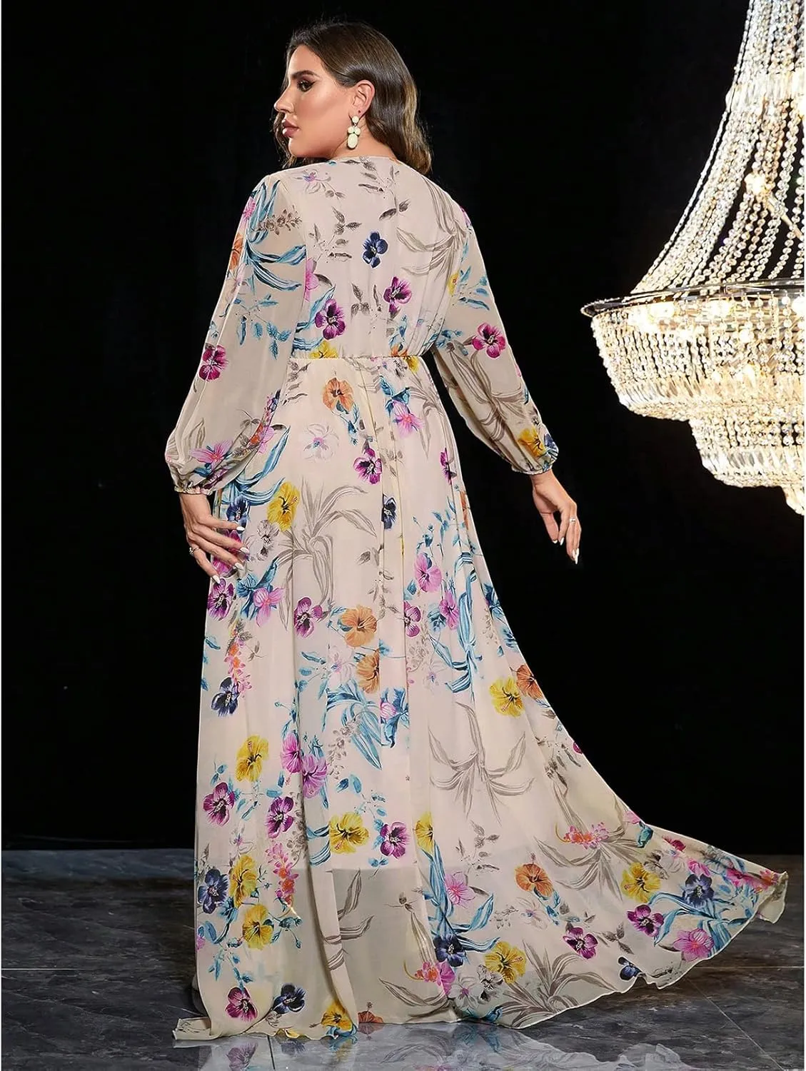 TOLEEN Women's Plus Size Dress V Neck Rose Embroidery Mesh Elegant Formal Maxi Dresses