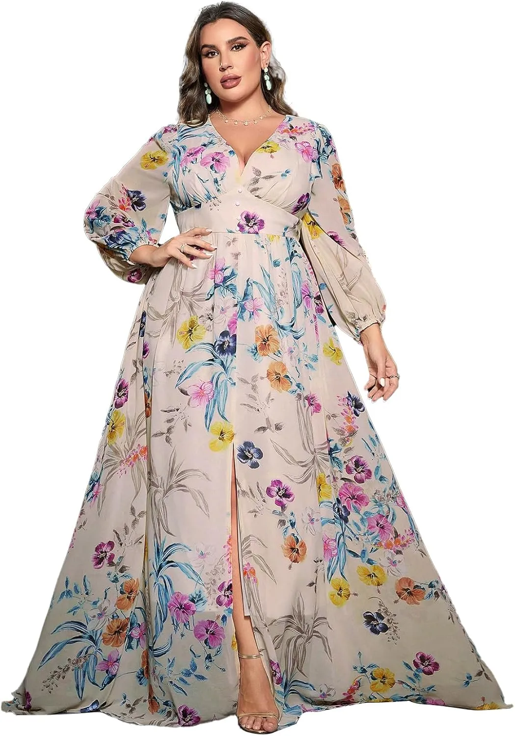 TOLEEN Women's Plus Size Dress V Neck Rose Embroidery Mesh Elegant Formal Maxi Dresses