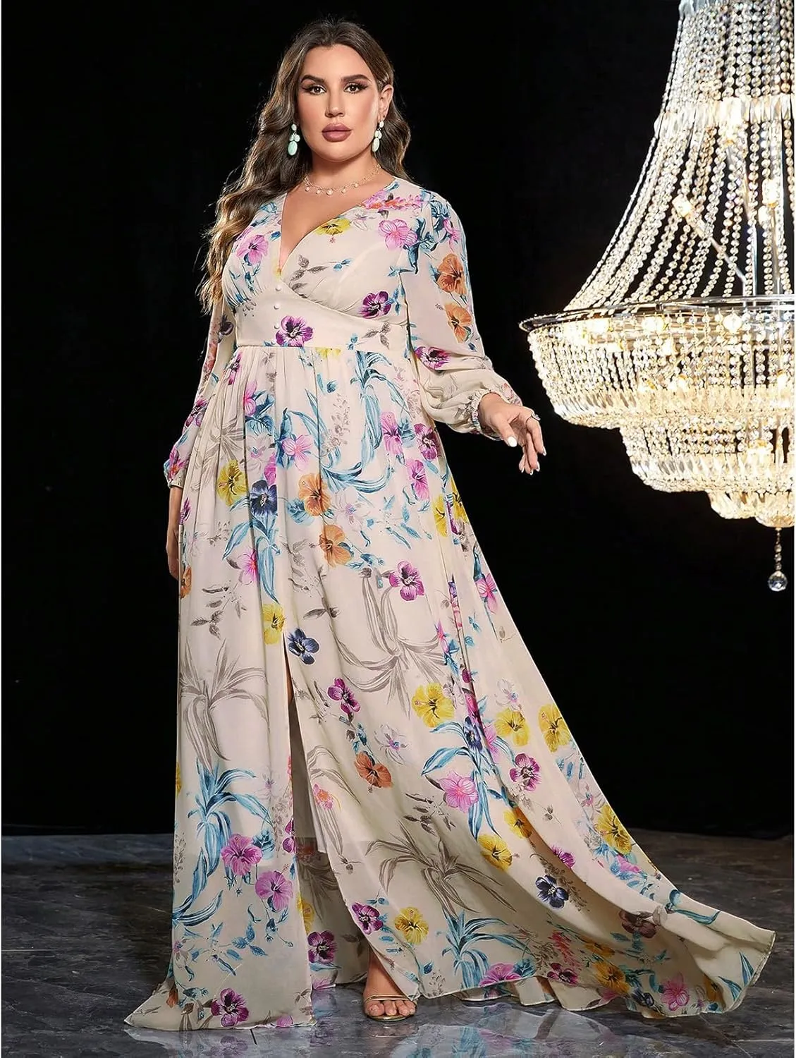 TOLEEN Women's Plus Size Dress V Neck Rose Embroidery Mesh Elegant Formal Maxi Dresses