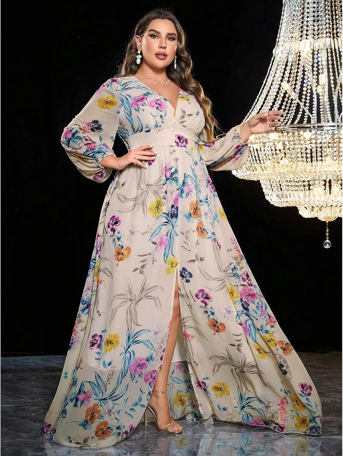 TOLEEN Women's Plus Size Dress V Neck Rose Embroidery Mesh Elegant Formal Maxi Dresses
