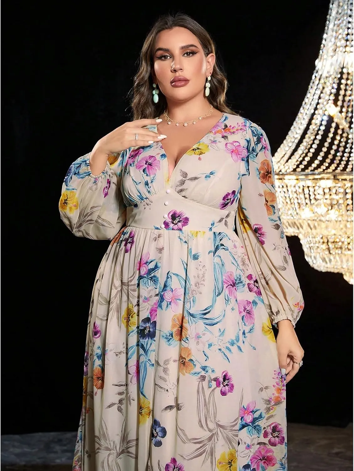 TOLEEN Women's Plus Size Dress V Neck Rose Embroidery Mesh Elegant Formal Maxi Dresses
