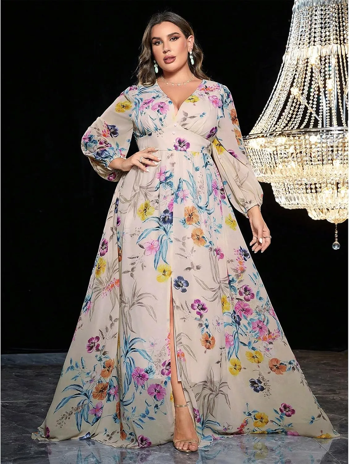 TOLEEN Women's Plus Size Dress V Neck Rose Embroidery Mesh Elegant Formal Maxi Dresses