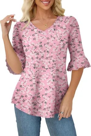 Tralilbee Women's Plus Size 3/4 Sleeve Tunic Tops V-Neck Casual Blouses Loose Fit Tunic Shirts, L-4XL