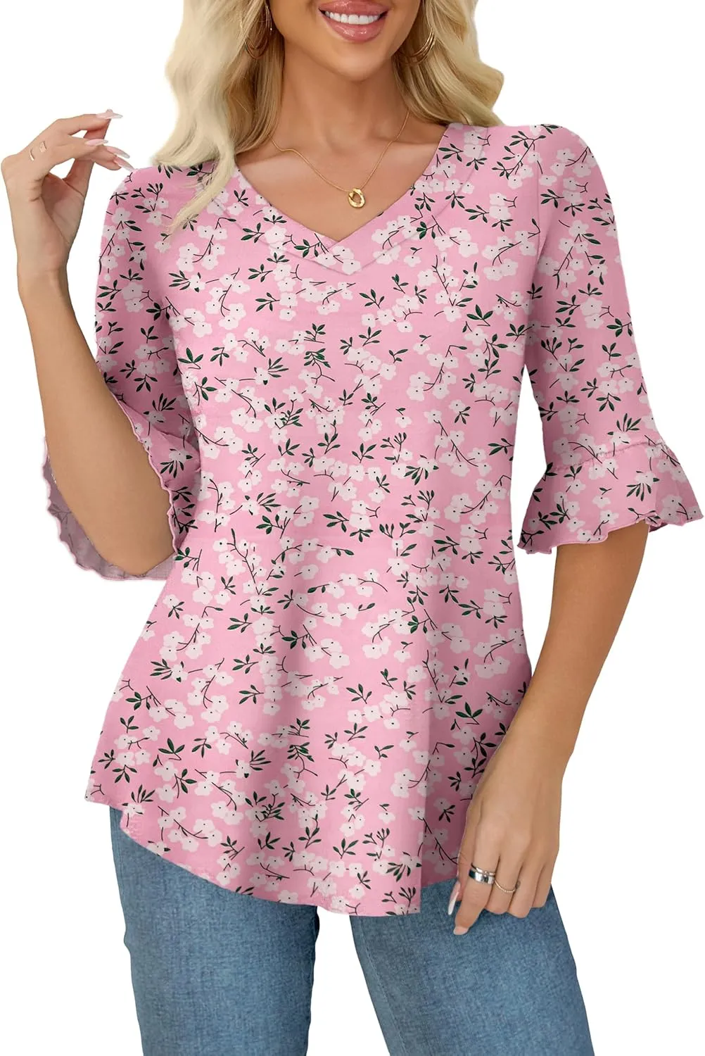 Tralilbee Women's Plus Size 3/4 Sleeve Tunic Tops V-Neck Casual Blouses Loose Fit Tunic Shirts, L-4XL