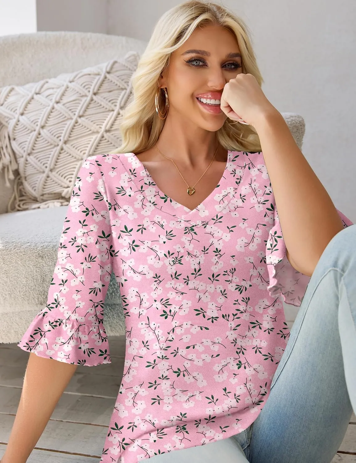 Tralilbee Women's Plus Size 3/4 Sleeve Tunic Tops V-Neck Casual Blouses Loose Fit Tunic Shirts, L-4XL
