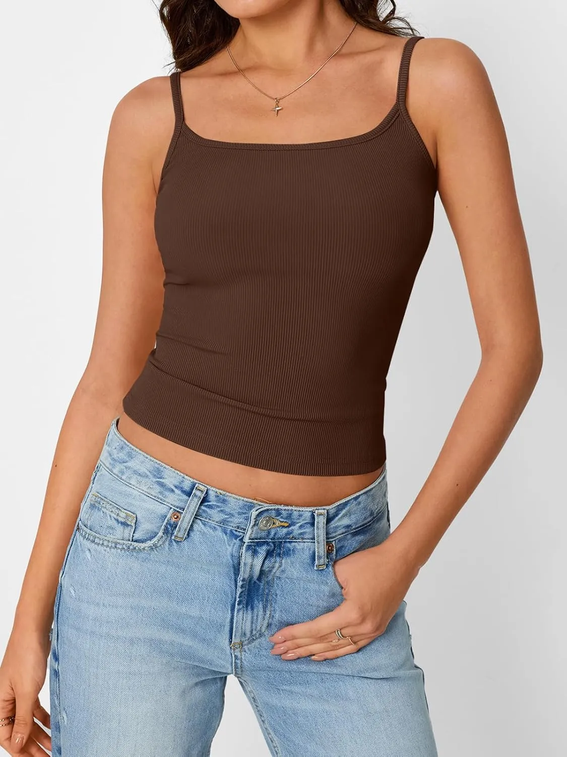 Trendy Queen Camisole Tops for Women 2025 Summer Crop Tank Top Square Neck Adjustable Spaghetti Strap Sleeveless Shirts