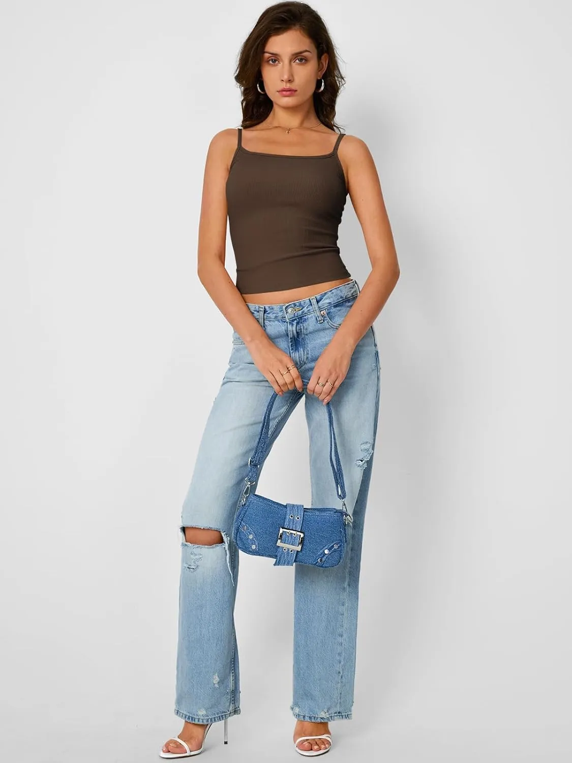 Trendy Queen Camisole Tops for Women 2025 Summer Crop Tank Top Square Neck Adjustable Spaghetti Strap Sleeveless Shirts
