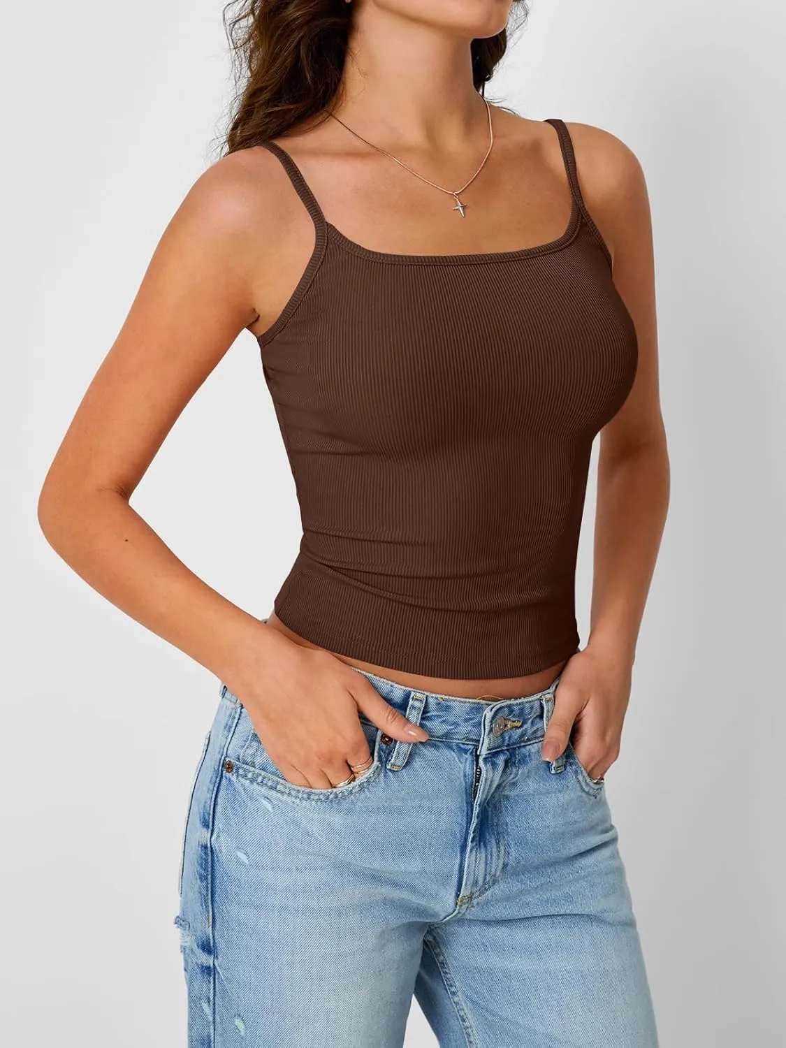 Trendy Queen Camisole Tops for Women 2025 Summer Crop Tank Top Square Neck Adjustable Spaghetti Strap Sleeveless Shirts
