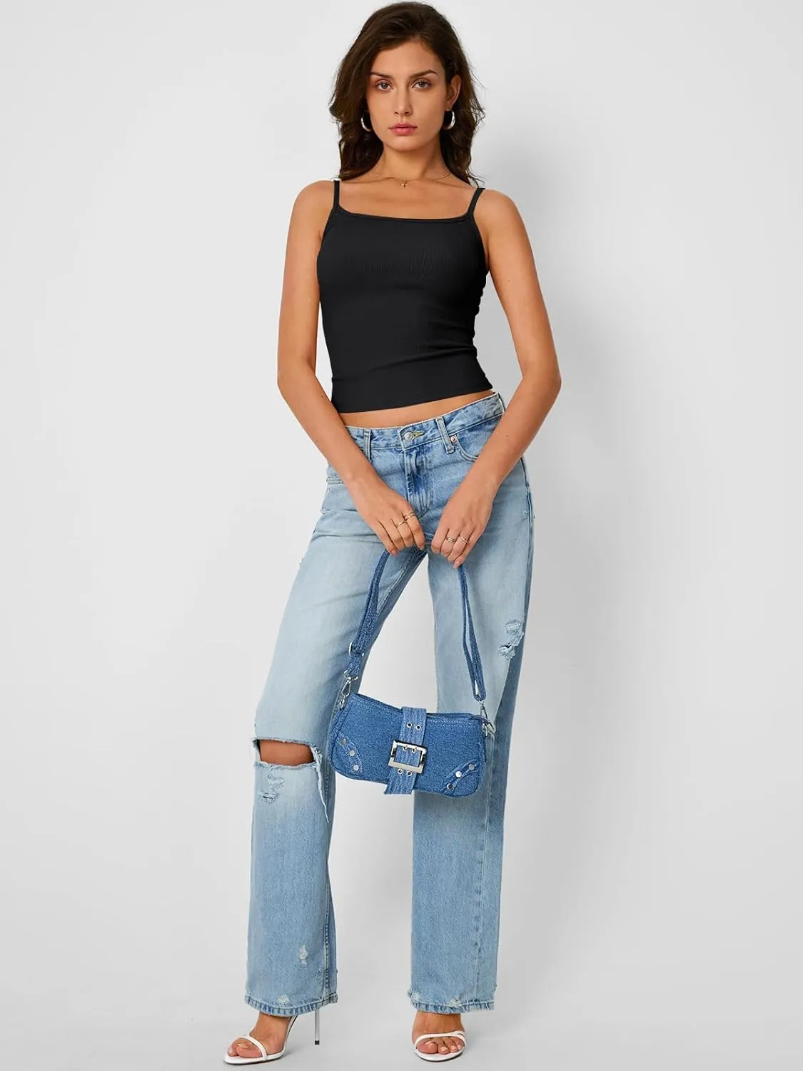 Trendy Queen Camisole Tops for Women 2025 Summer Crop Tank Top Square Neck Adjustable Spaghetti Strap Sleeveless Shirts