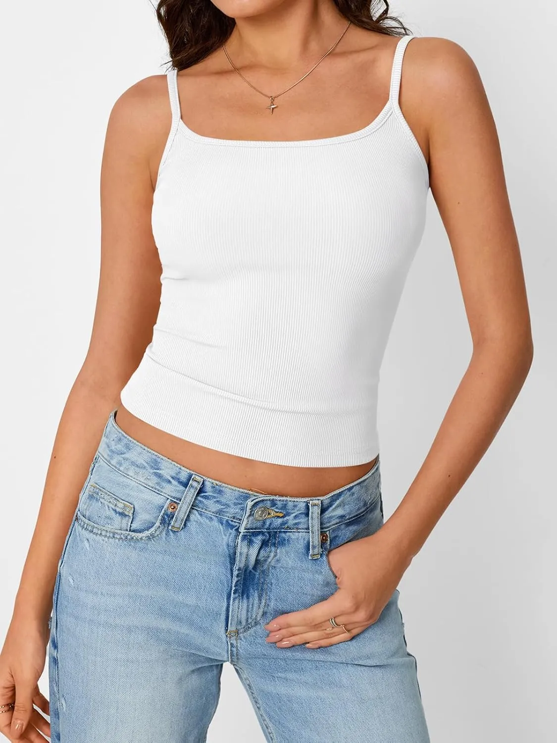 Trendy Queen Camisole Tops for Women 2025 Summer Crop Tank Top Square Neck Adjustable Spaghetti Strap Sleeveless Shirts