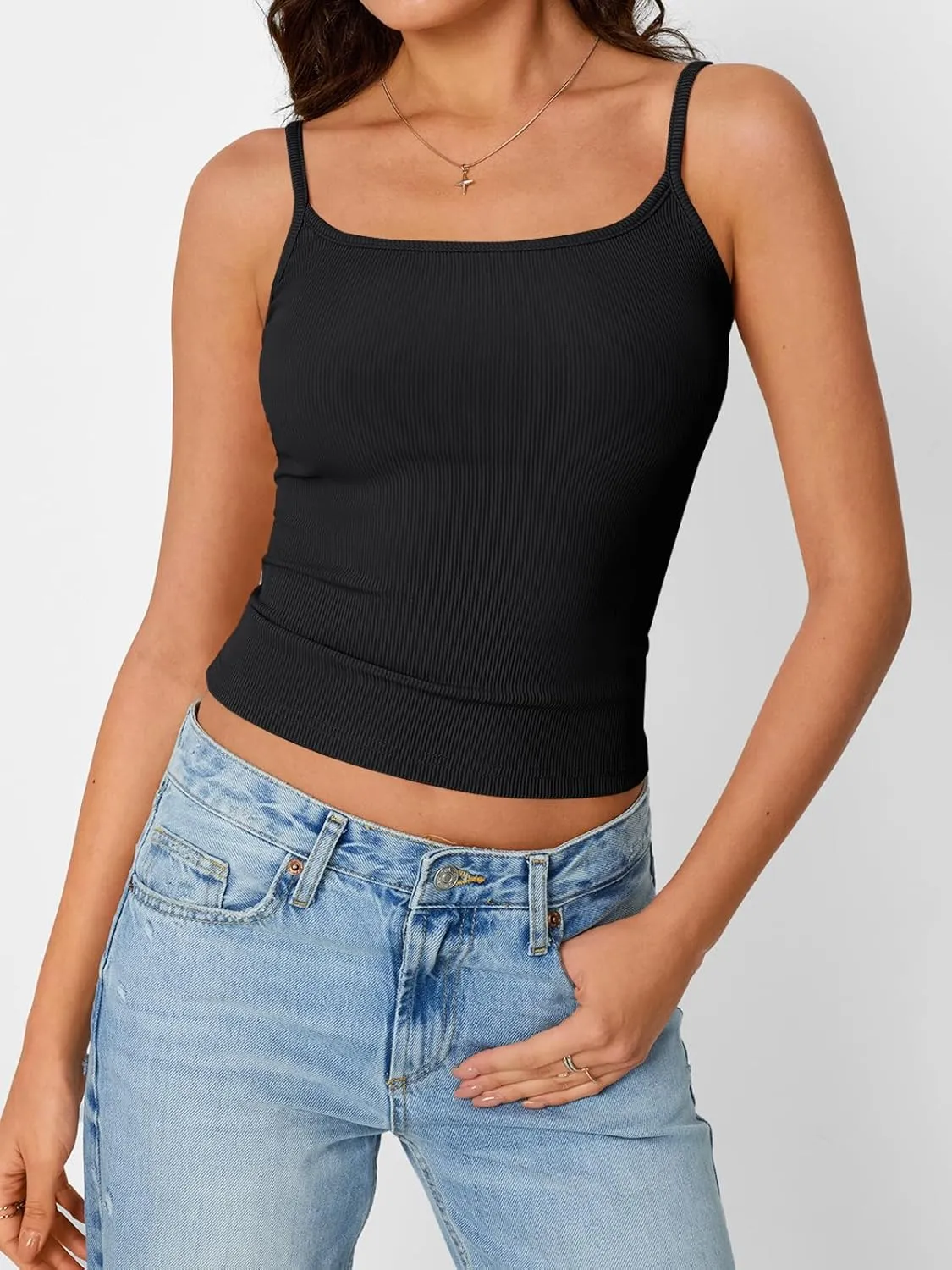 Trendy Queen Camisole Tops for Women 2025 Summer Crop Tank Top Square Neck Adjustable Spaghetti Strap Sleeveless Shirts