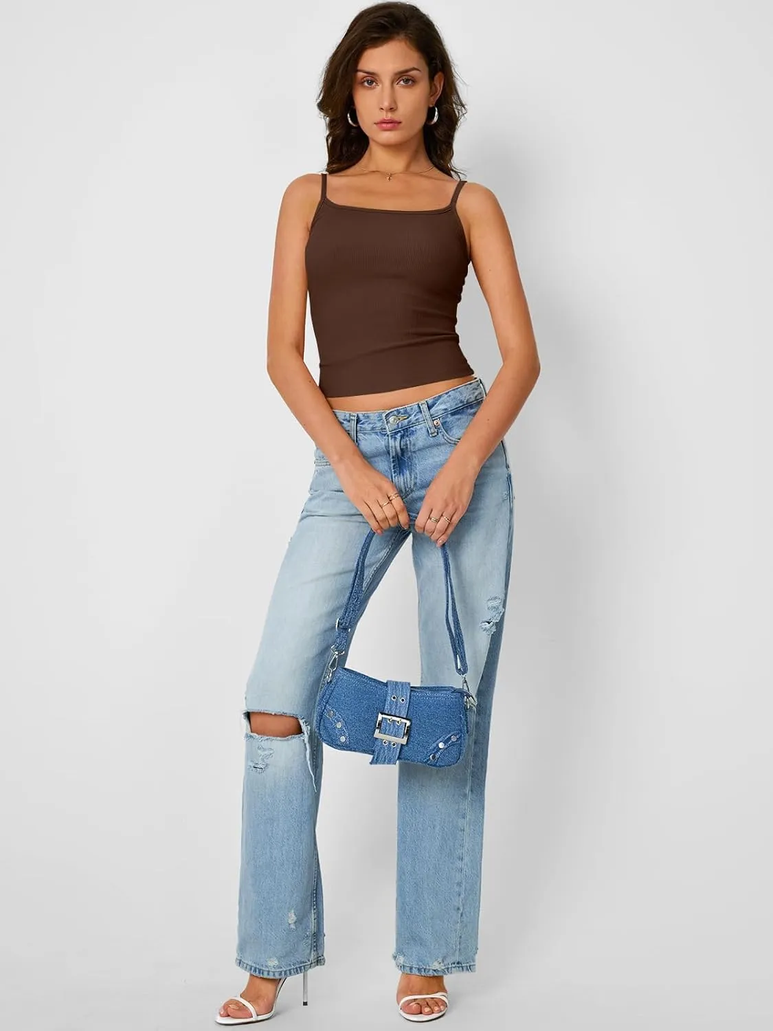 Trendy Queen Camisole Tops for Women 2025 Summer Crop Tank Top Square Neck Adjustable Spaghetti Strap Sleeveless Shirts