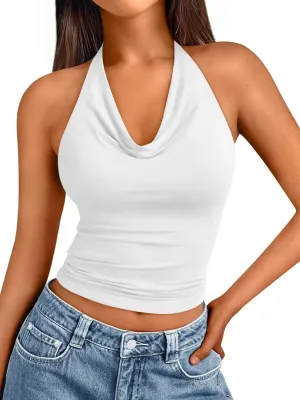 Trendy Queen Summer Tops for Women 2025 Going Out Cute y2k Shirts Halter Cowl Neck Backless Basic Vacation Outfits Clothes