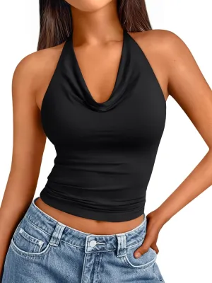 Trendy Queen Summer Tops for Women 2025 Going Out Cute y2k Shirts Halter Cowl Neck Backless Basic Vacation Outfits Clothes