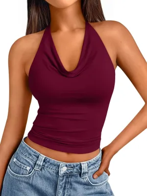 Trendy Queen Summer Tops for Women 2025 Going Out Cute y2k Shirts Halter Cowl Neck Backless Basic Vacation Outfits Clothes