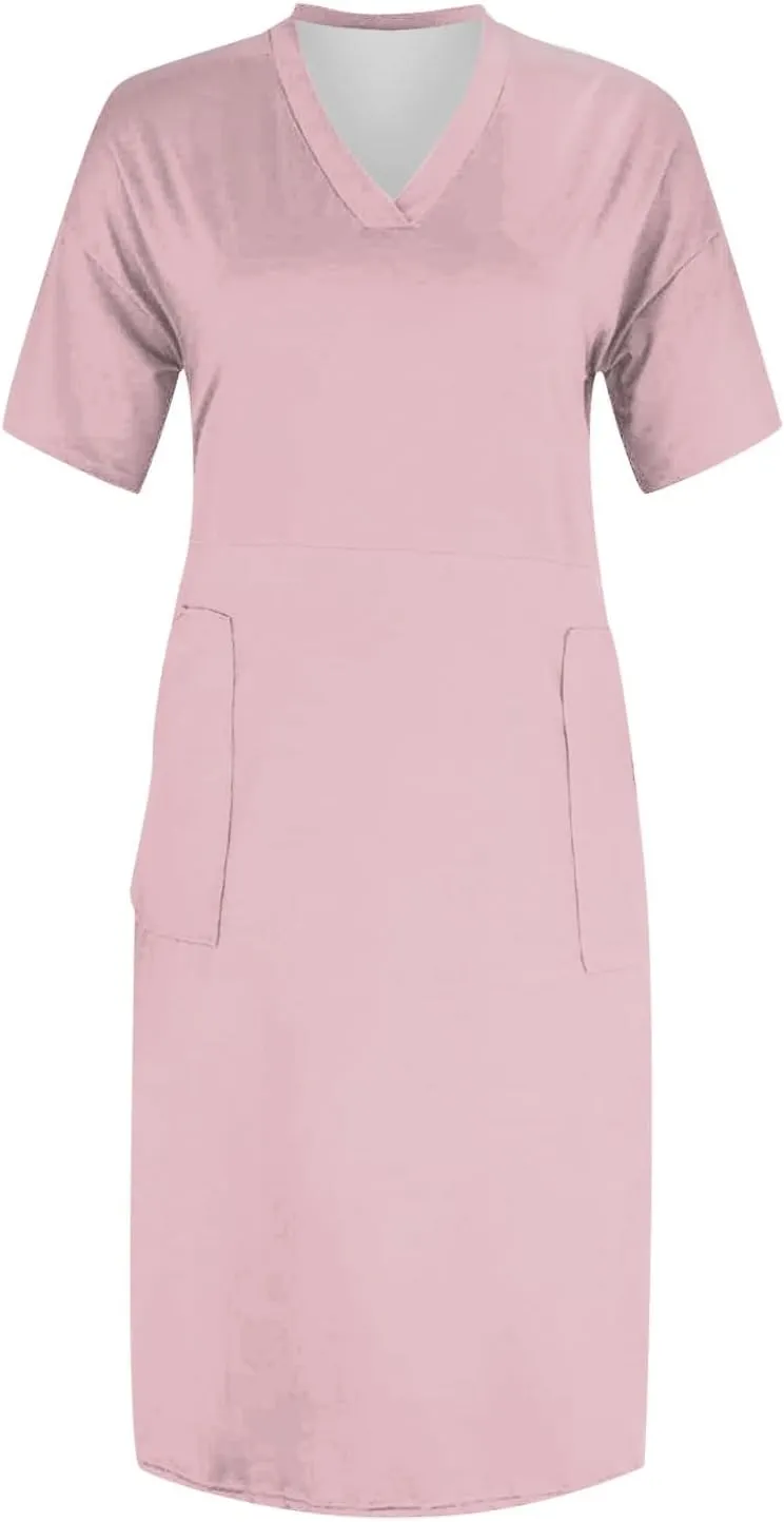 Tshirt Dress Women Plus Size Summer Loose V Neck Short Sleeve Tunic Knee Length Dress Simple Lounge Dresse with Pockets