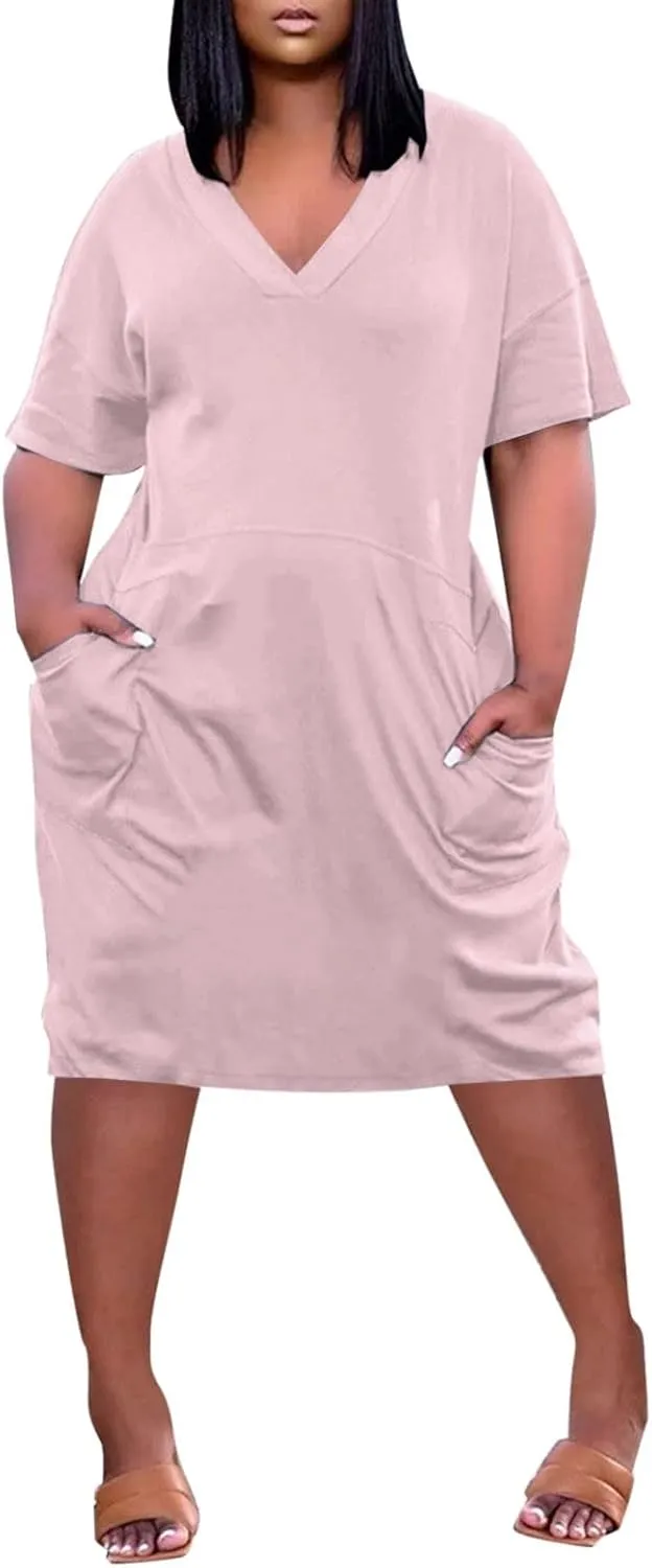 Tshirt Dress Women Plus Size Summer Loose V Neck Short Sleeve Tunic Knee Length Dress Simple Lounge Dresse with Pockets