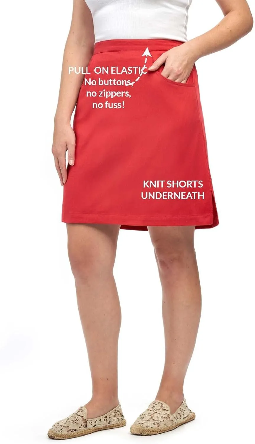 Turtle Bay New York Women's Easy Pull On Skort in 100% Cotton Woven Twill Elastic Waist & Front Pockets(Also in Plus Sizes)