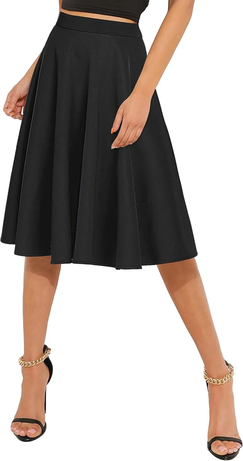 Urban CoCo Women's Basic Elastic Waist A-line Solid Flared Midi Skirt