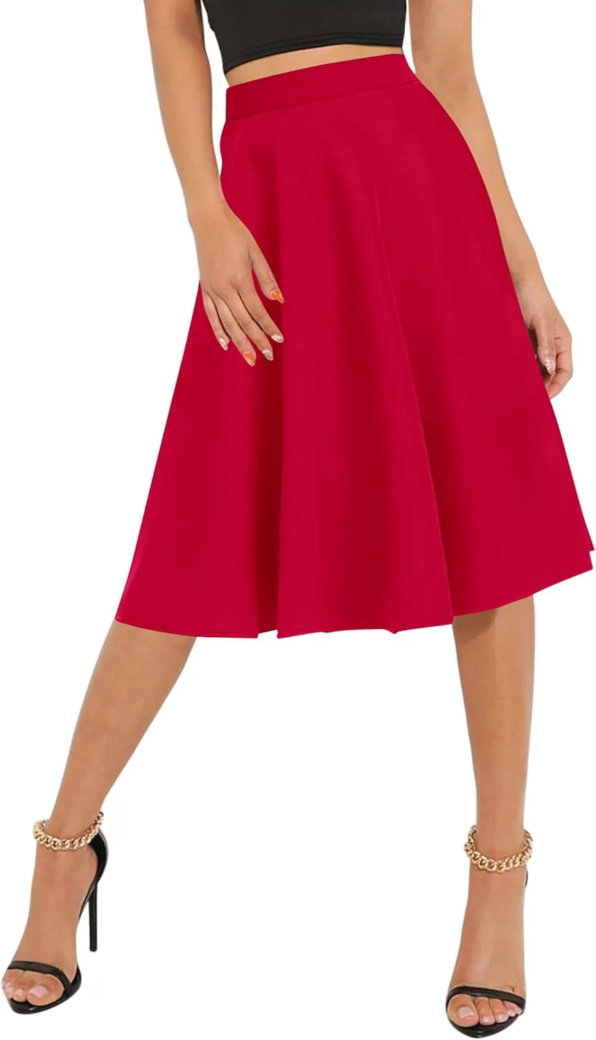 Urban CoCo Women's Basic Elastic Waist A-line Solid Flared Midi Skirt