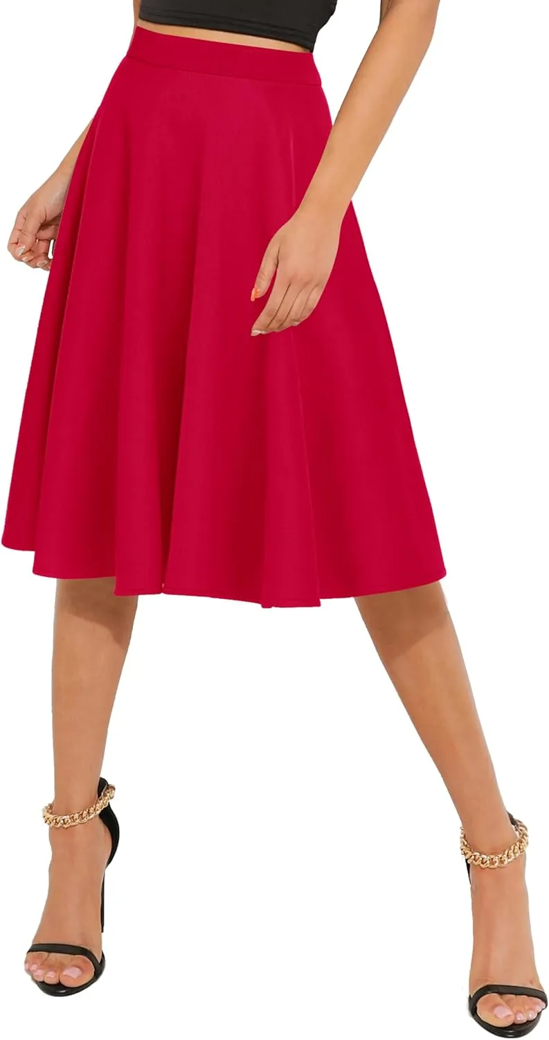 Urban CoCo Women's Basic Elastic Waist A-line Solid Flared Midi Skirt