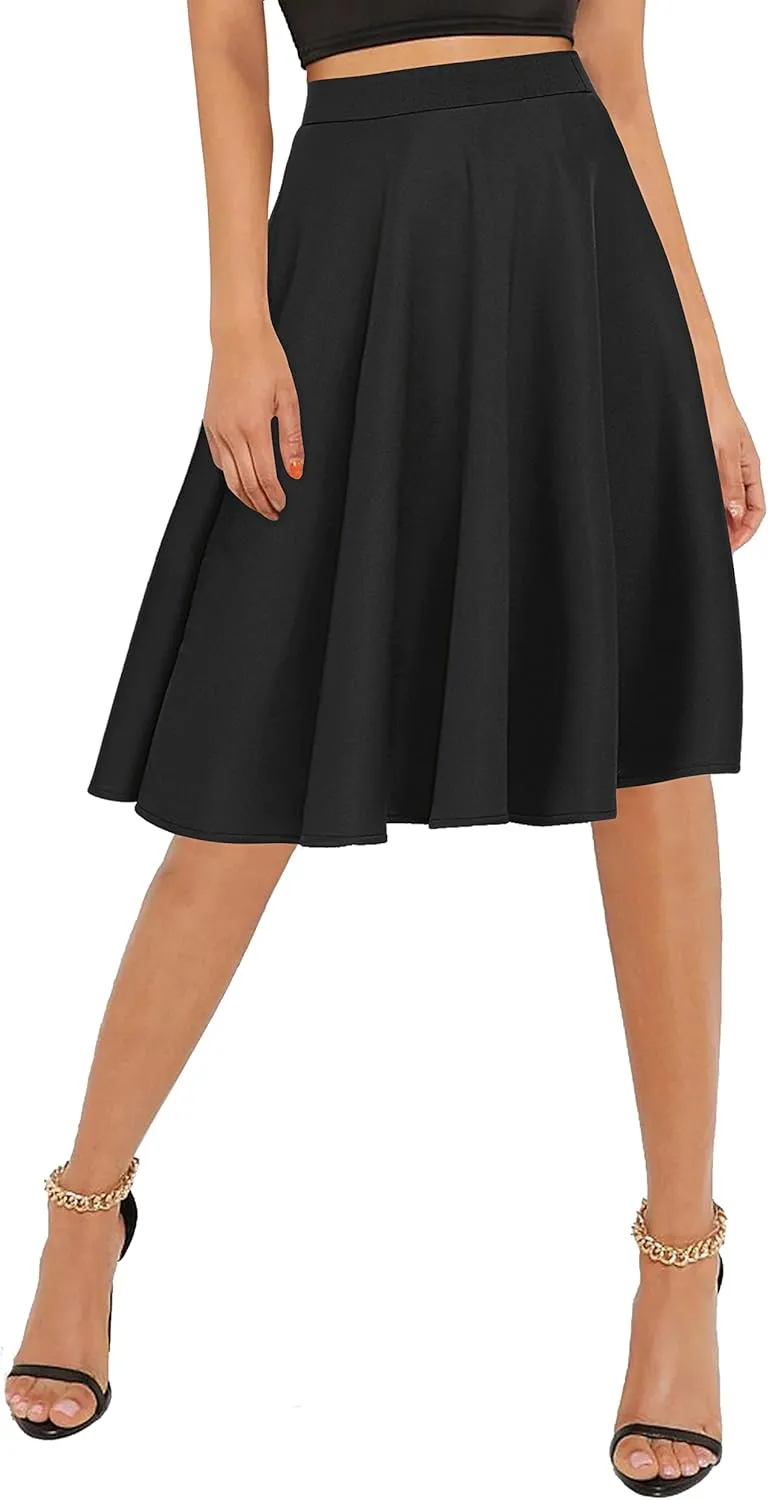 Urban CoCo Women's Basic Elastic Waist A-line Solid Flared Midi Skirt