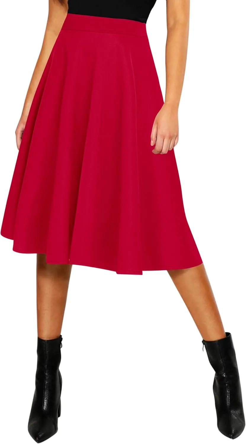 Urban CoCo Women's Basic Elastic Waist A-line Solid Flared Midi Skirt