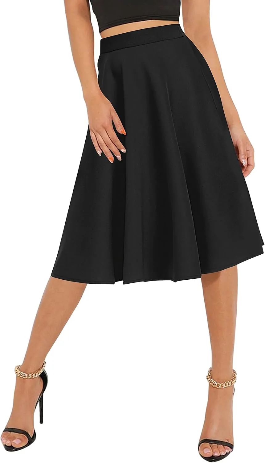 Urban CoCo Women's Basic Elastic Waist A-line Solid Flared Midi Skirt