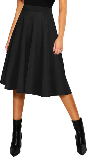 Urban CoCo Women's Basic Elastic Waist A-line Solid Flared Midi Skirt