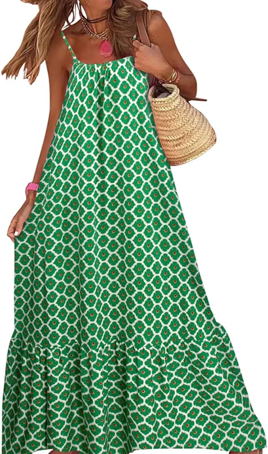 uSecee Boho Dresses for Women 2024 Casual Loose Bohemian Floral Dress Summer Beach Dress A Line Swing Flowy Long Maxi Dress