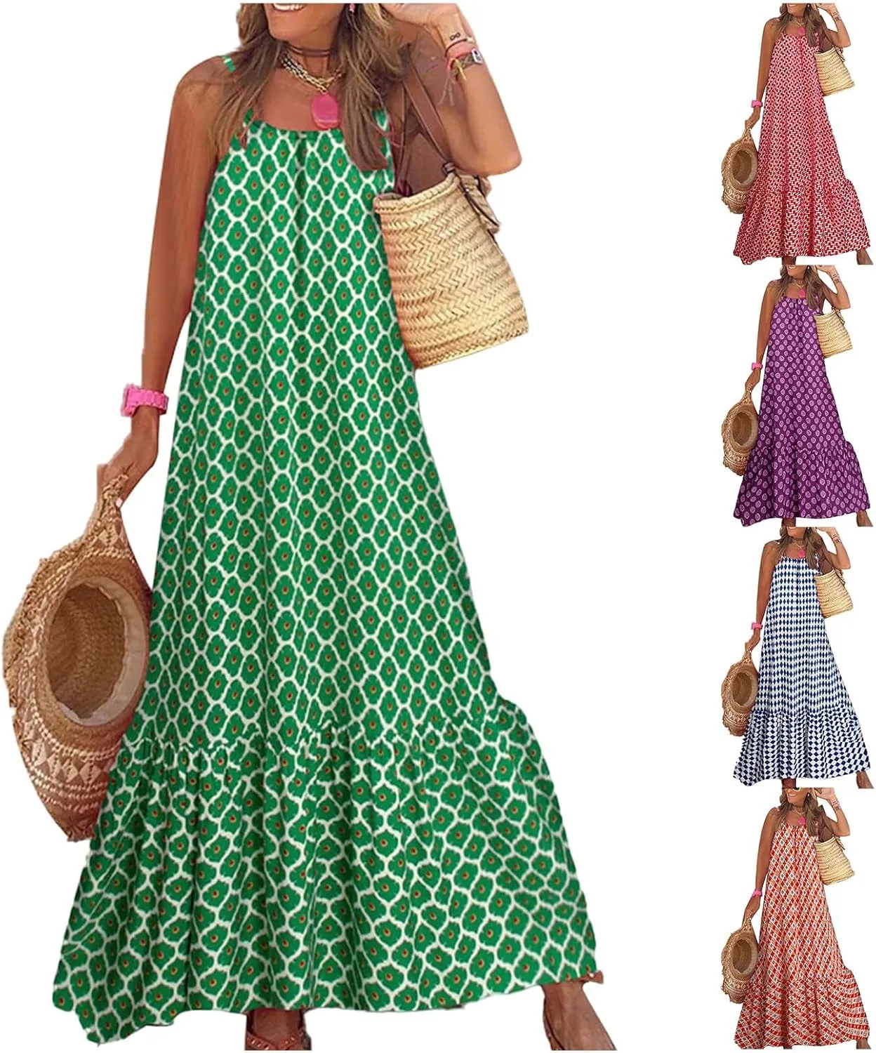 uSecee Boho Dresses for Women 2024 Casual Loose Bohemian Floral Dress Summer Beach Dress A Line Swing Flowy Long Maxi Dress