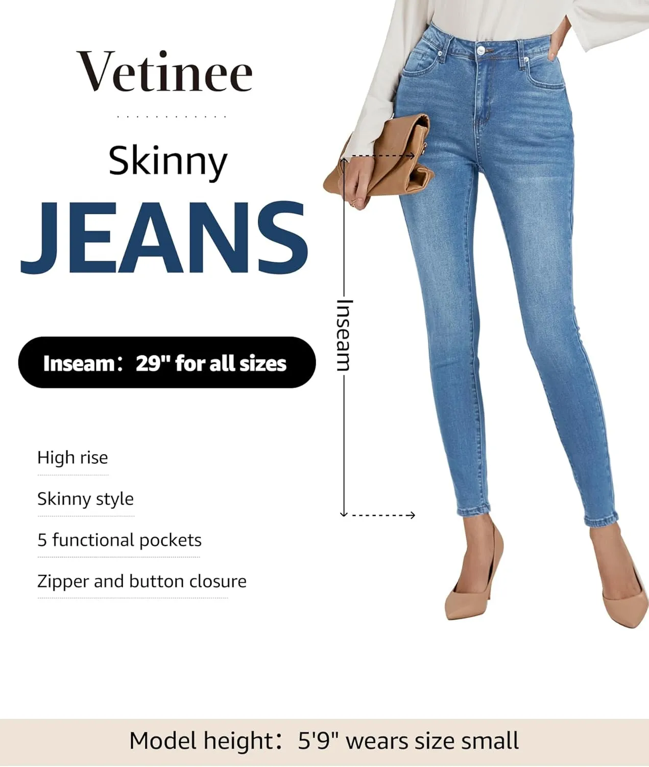 Vetinee Skinny Jeans for Women High Waisted Slim Fit Trendy Classic Stretchy Denim Pants Jean Leggings Jeggings Pockets