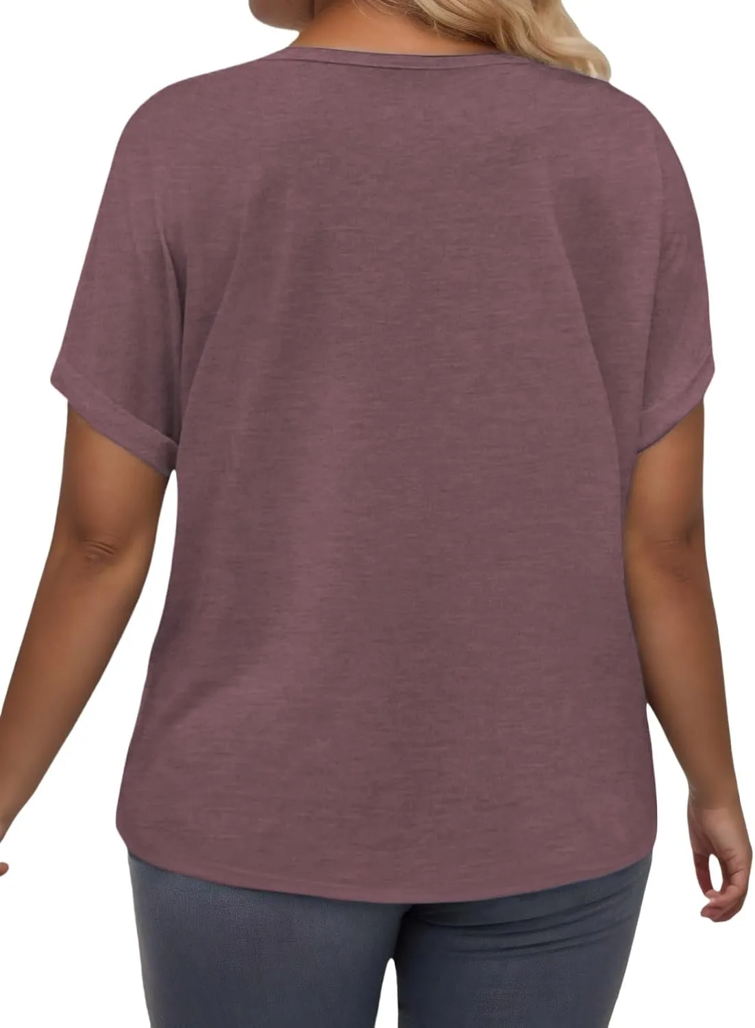 VISLILY Plus-Size-Summer-Tops for Women Casual V Neck T Shirts Trendy Loose Tees Fashion Rolled Short Sleeve Tunics XL-5XL