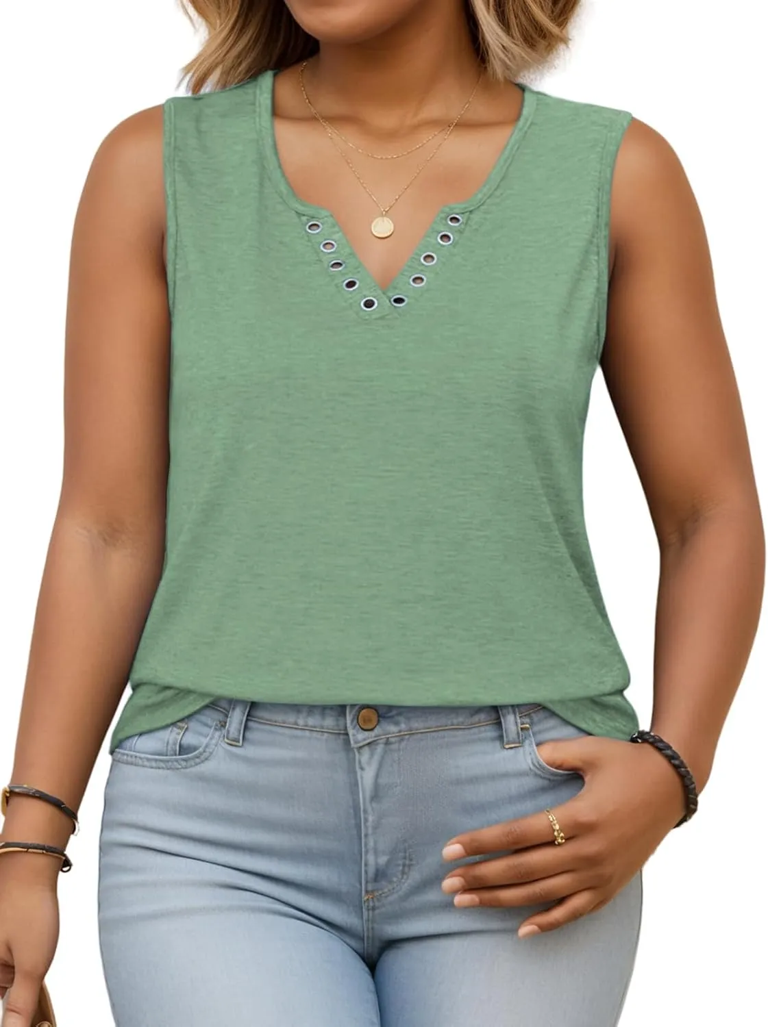 VISLILY Plus-Size-Tank-Tops for Women Cute Ring Hole V Neck Sleeveless Shirts Trendy Summer Blouses Casual Loose Fit Tunics