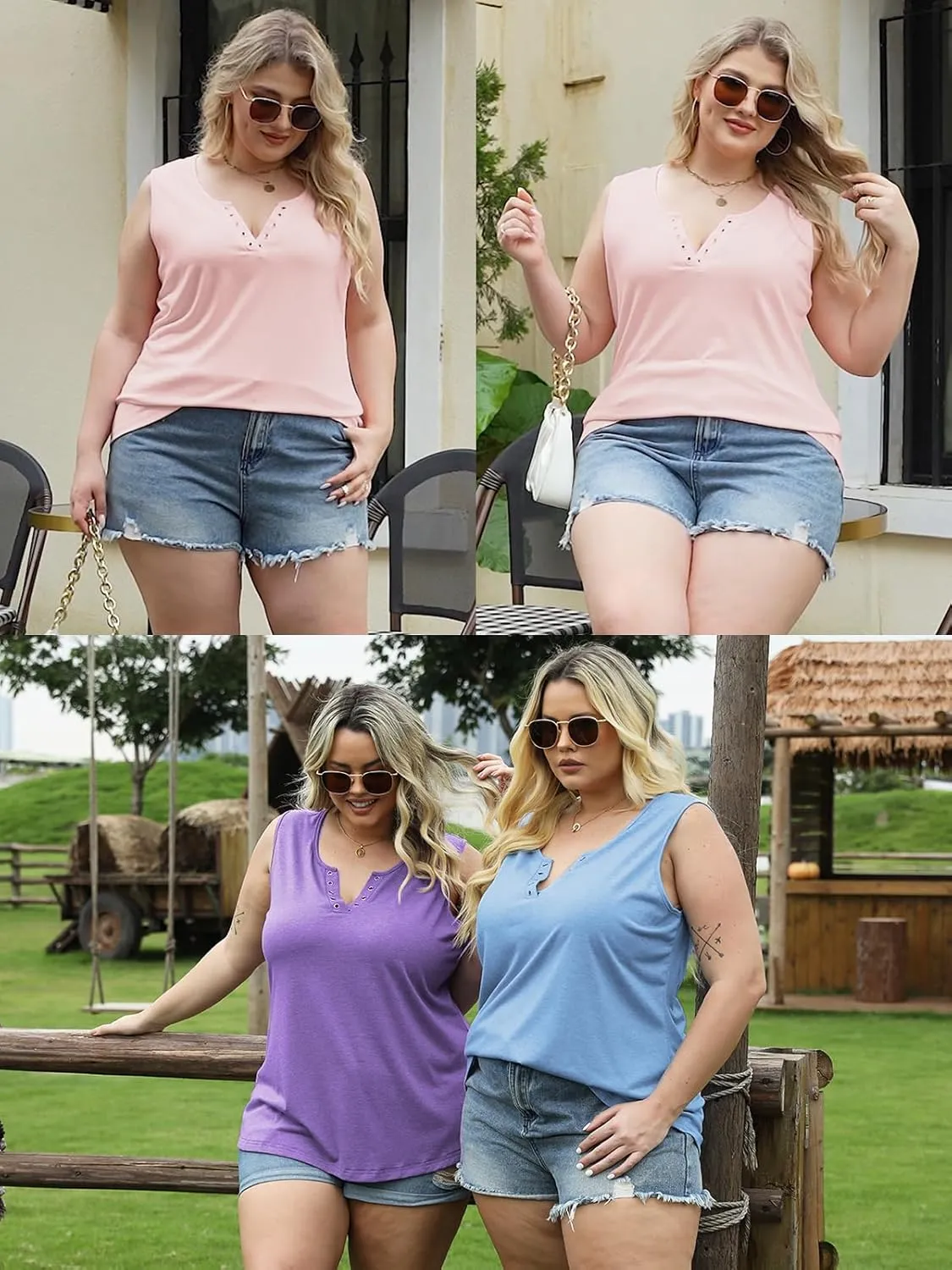 VISLILY Plus-Size-Tank-Tops for Women Cute Ring Hole V Neck Sleeveless Shirts Trendy Summer Blouses Casual Loose Fit Tunics