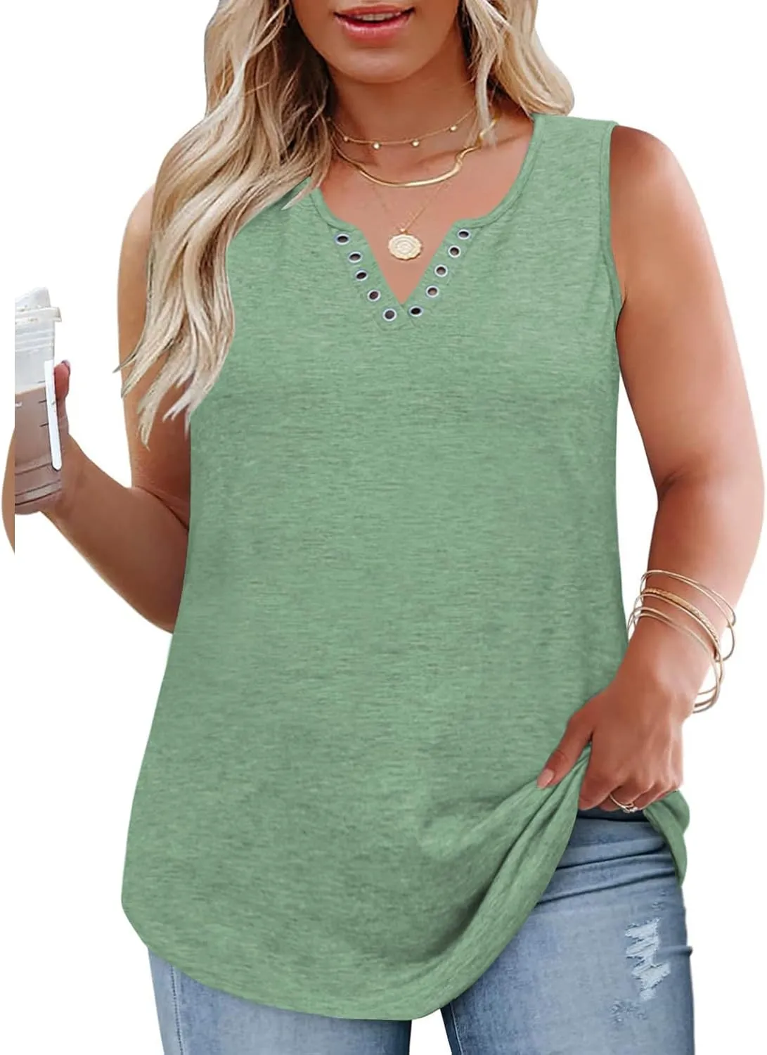 VISLILY Plus-Size-Tank-Tops for Women Cute Ring Hole V Neck Sleeveless Shirts Trendy Summer Blouses Casual Loose Fit Tunics