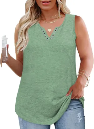 VISLILY Plus-Size-Tank-Tops for Women Cute Ring Hole V Neck Sleeveless Shirts Trendy Summer Blouses Casual Loose Fit Tunics