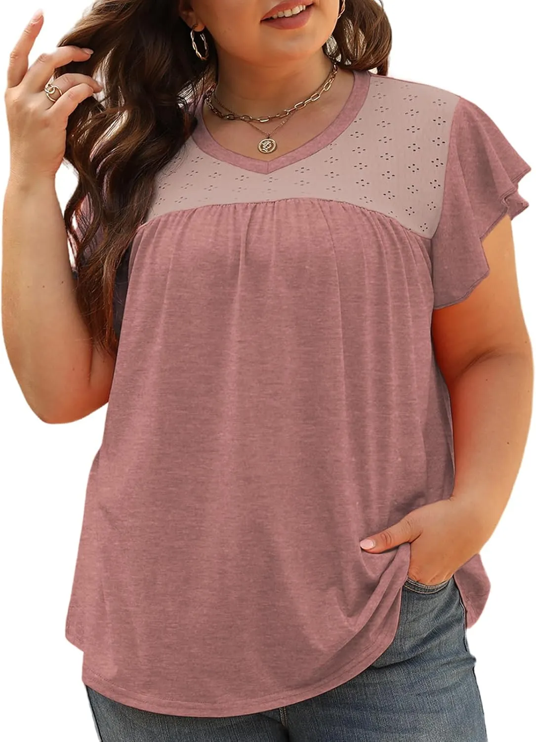 VISLILY Plus-Size-Womens-Tops-Summer V-Neck T Shirts Ruffle Cap Sleeve Blouses Pleated Tunics Casual Eyelet Tee