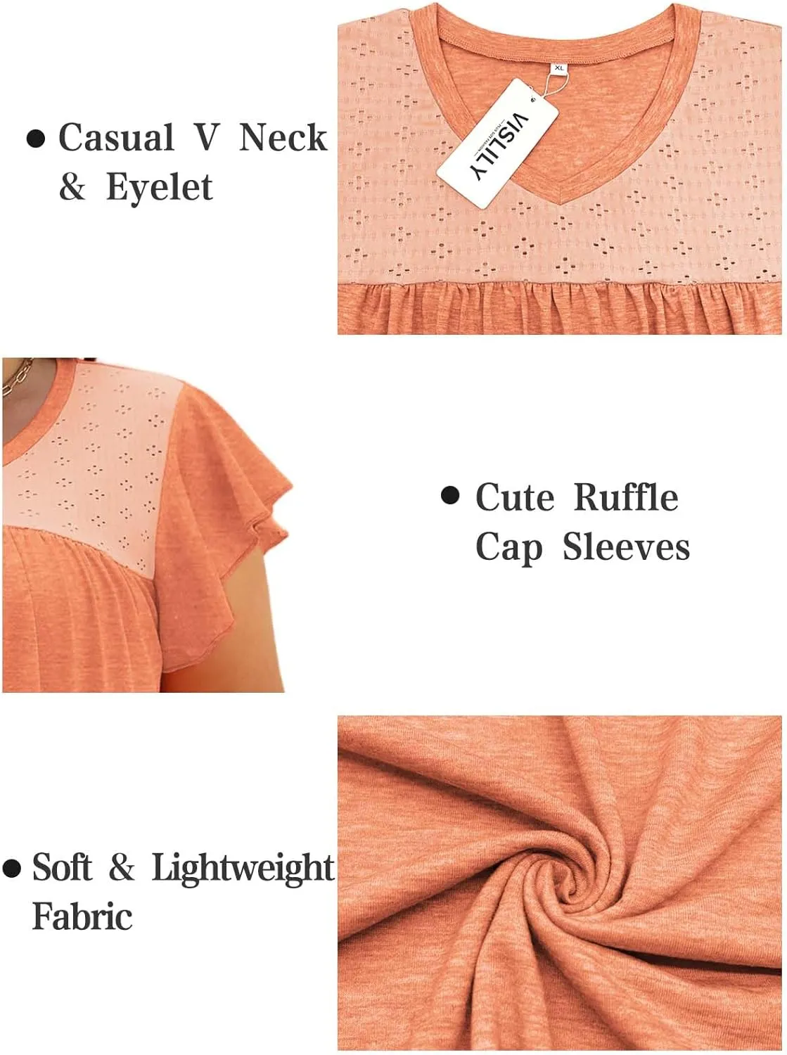 VISLILY Plus-Size-Womens-Tops-Summer V-Neck T Shirts Ruffle Cap Sleeve Blouses Pleated Tunics Casual Eyelet Tee