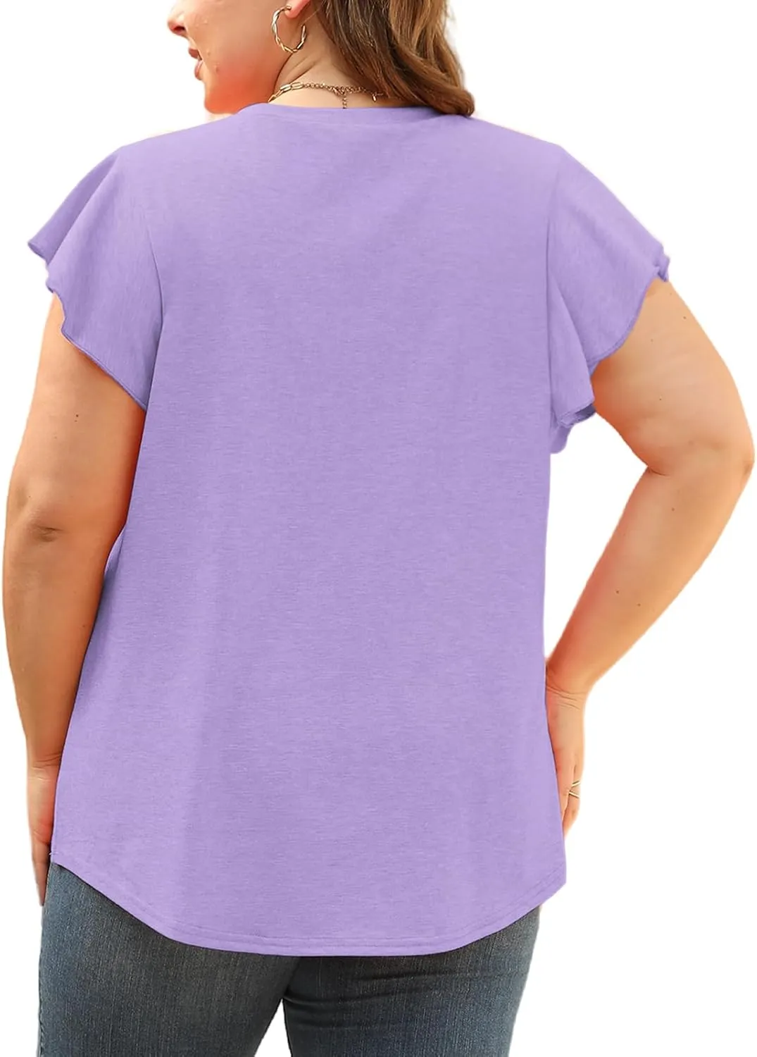 VISLILY Plus-Size-Womens-Tops-Summer V-Neck T Shirts Ruffle Cap Sleeve Blouses Pleated Tunics Casual Eyelet Tee