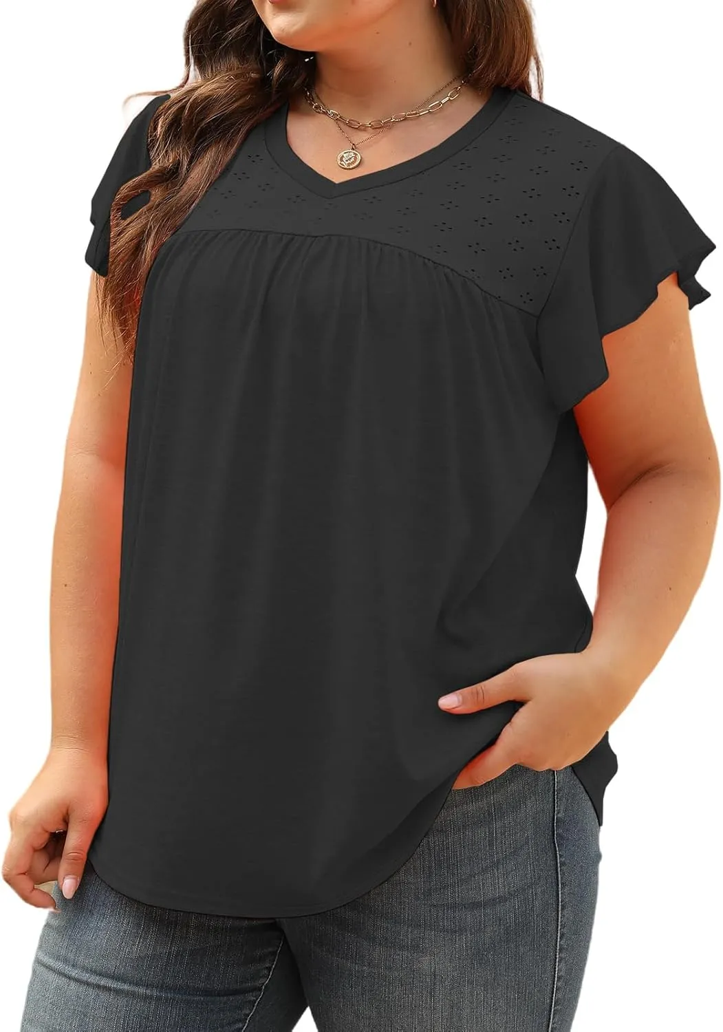 VISLILY Plus-Size-Womens-Tops-Summer V-Neck T Shirts Ruffle Cap Sleeve Blouses Pleated Tunics Casual Eyelet Tee