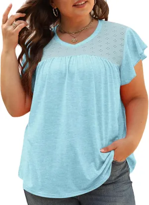 VISLILY Plus-Size-Womens-Tops-Summer V-Neck T Shirts Ruffle Cap Sleeve Blouses Pleated Tunics Casual Eyelet Tee
