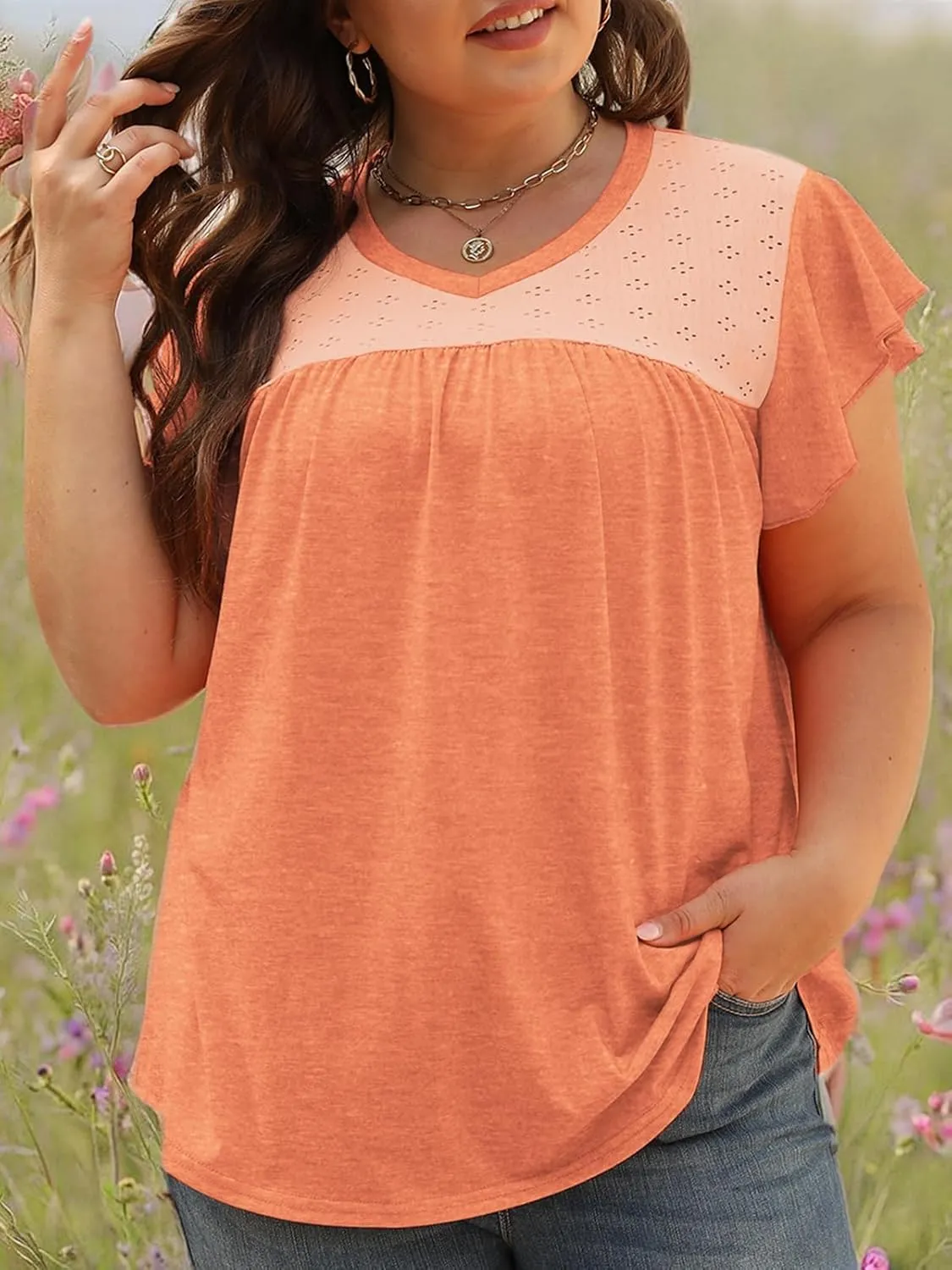 VISLILY Plus-Size-Womens-Tops-Summer V-Neck T Shirts Ruffle Cap Sleeve Blouses Pleated Tunics Casual Eyelet Tee