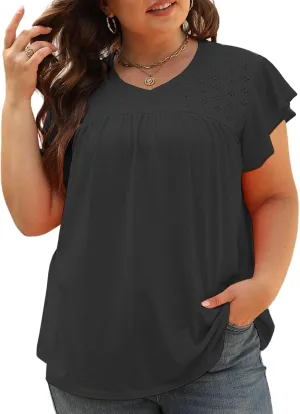 VISLILY Plus-Size-Womens-Tops-Summer V-Neck T Shirts Ruffle Cap Sleeve Blouses Pleated Tunics Casual Eyelet Tee