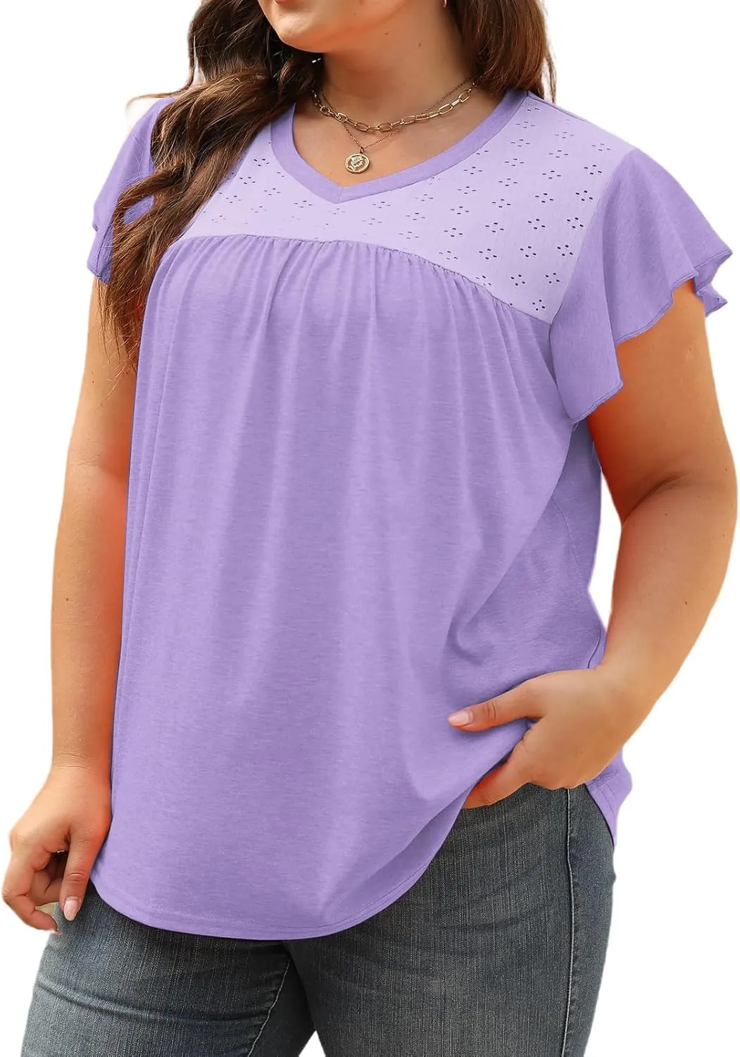 VISLILY Plus-Size-Womens-Tops-Summer V-Neck T Shirts Ruffle Cap Sleeve Blouses Pleated Tunics Casual Eyelet Tee