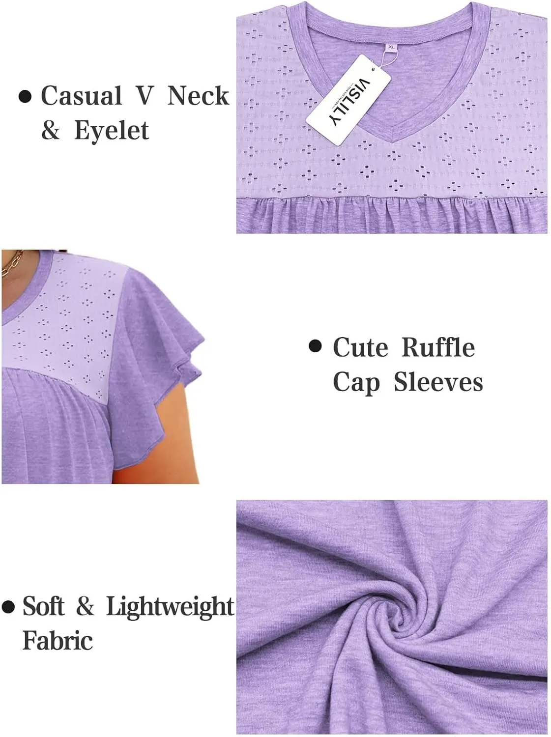 VISLILY Plus-Size-Womens-Tops-Summer V-Neck T Shirts Ruffle Cap Sleeve Blouses Pleated Tunics Casual Eyelet Tee